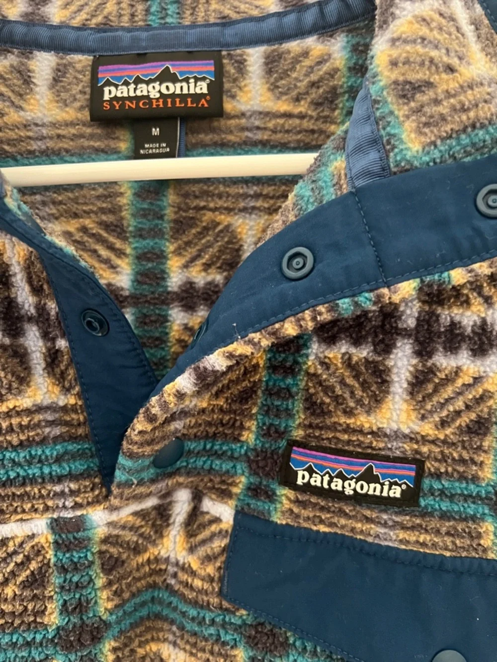 Patagonia Synchilla Teal, Brown & Cream Patterned Fleece Pullover - Picture 2 of 3